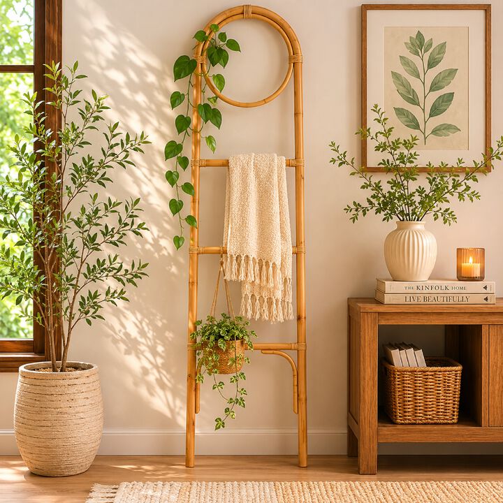 Kinu Decorative Ladder Rack with Round Top, Natural Brown Fiber, 72 Inch