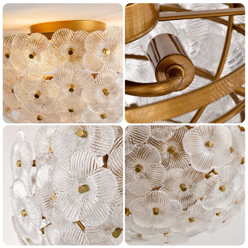 Aika 3-Light 15" Clear Glass Floral Flush Mount - Medium‑gloss Brushed Brass image number 4