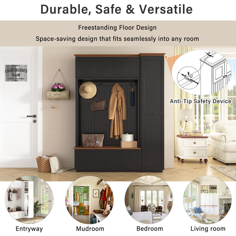 Merax Farmhouse Hall Tree with 2 Top Cabinets, 4 Drawers, Extra-Large Side Storage image number 6