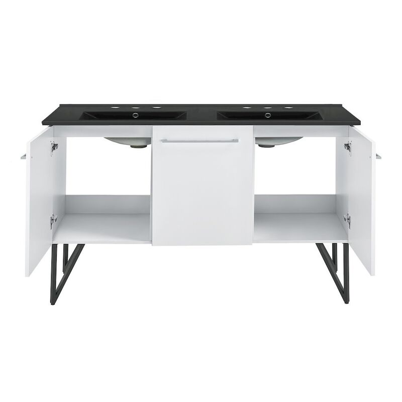 60 in. White, Double Basin Bathroom Vanity, Black, 3-Hole Sink Top image number 8