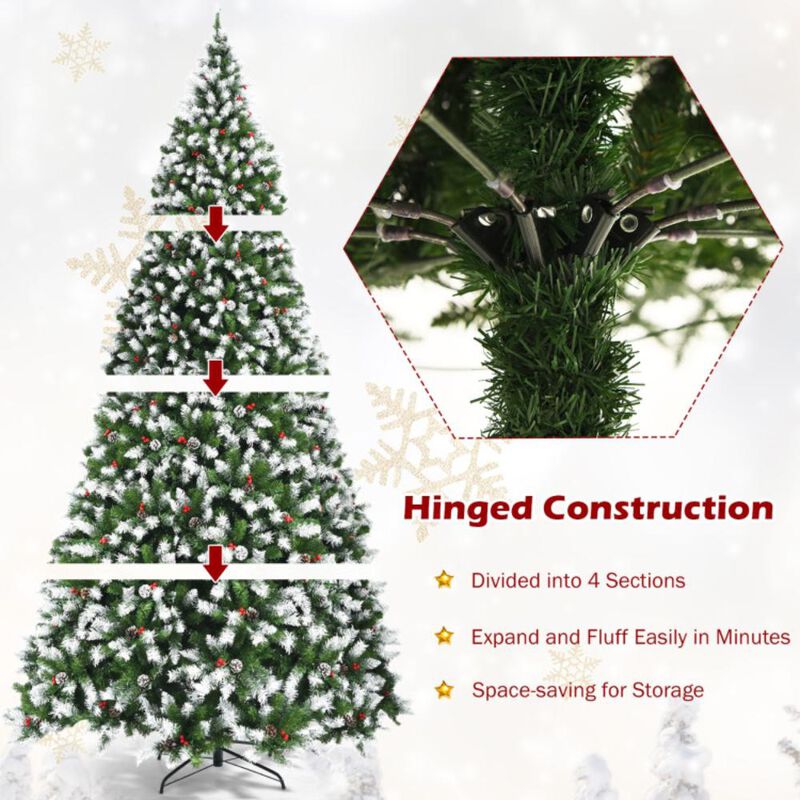 Hivvago Pre-lit Snow Flocked Christmas Tree with Red Berries and 8 Lighting Modes