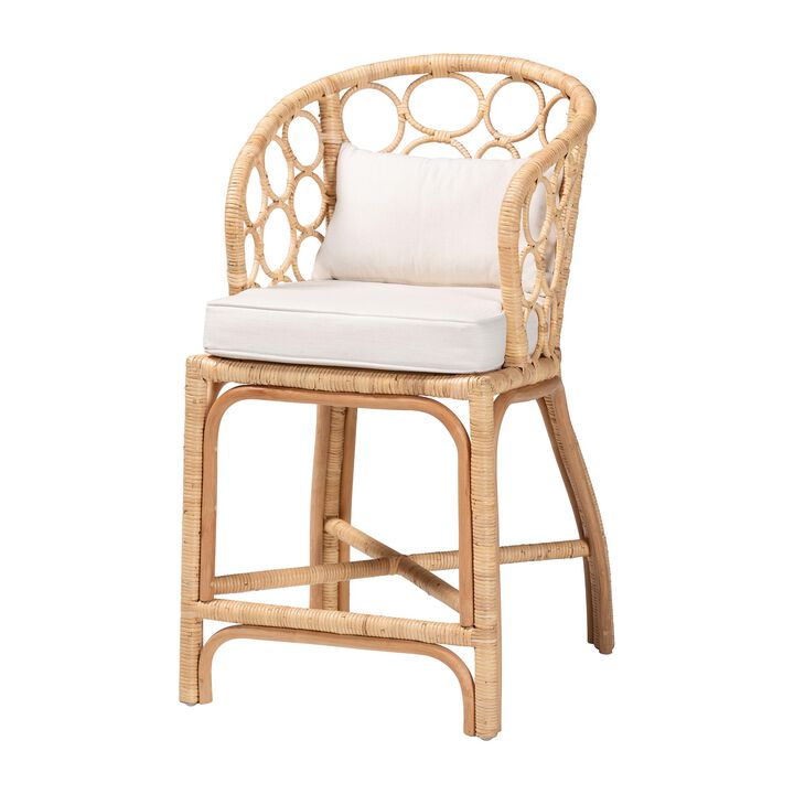 bali & pari Prisca Natural Rattan Counter Stool with Bubble Frame - Handwoven Wicker Accent Stool with Round Back and Removable Cushions for Kitchen Island or Lounge