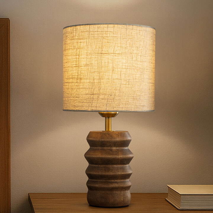 15'' Japandi Solid Wood Base Table Lamp Modern Classic Nightstand Lamp with Beige Fabric Shade for Bedside Foyer Dining Room
