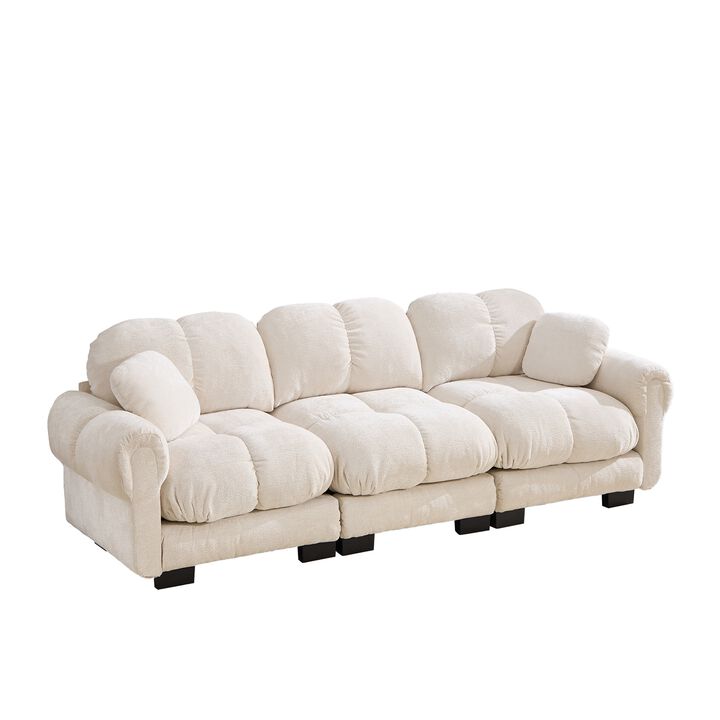 Chenille Cloud 3-Seater Sofa,Exquisite pillows and quilted back cushions,Soft padded armrests-Green