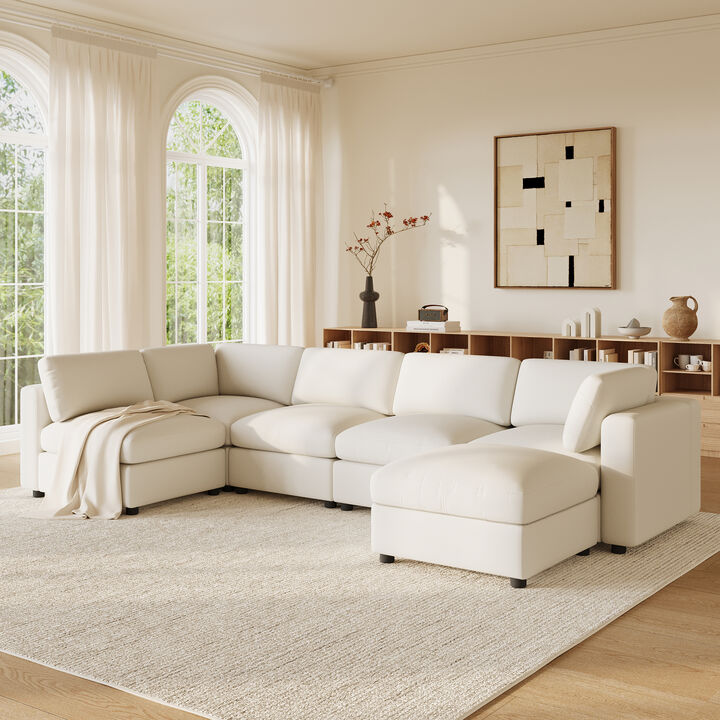 Merax Chenille 6-Piece Modular Sectional Sofa with Movable Ottoman