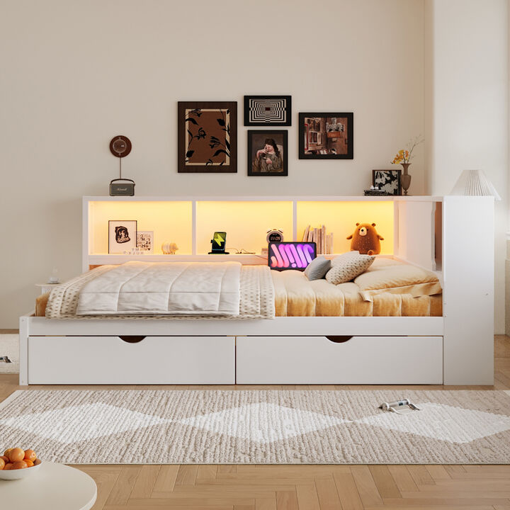 Merax Wooden Queen Daybed with Storage Shelves, LED Light Strip, USB