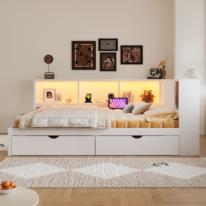 Merax Wooden Queen Daybed with Storage Shelves, LED Light Strip, USB image number 1