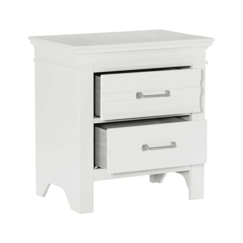 Candy 25 Inch Nightstand, 2 Drawers, Nickel Bar Handles, White Solid Wood - Benzara