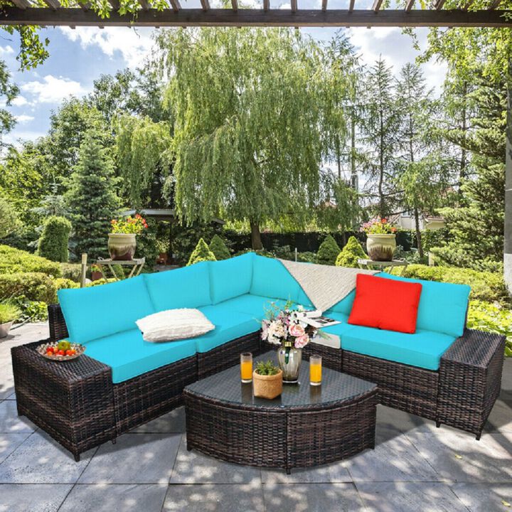 Mondawe 6 Piece Wicker Patio Sectional Sofa Set with Tempered Glass Coffee Table