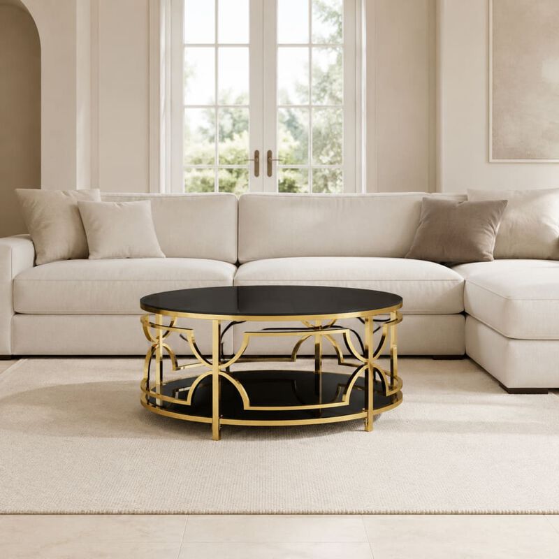 GOODSILO Round Tempered Glass Coffee Table with Geometric Metal Frame, Lower Shelf for Living Rooms and Small Modern Spaces image number 2