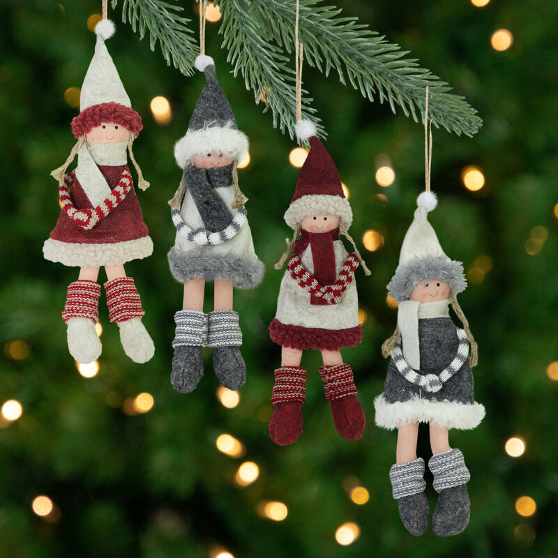 4ct Red and Gray Girls with Scarves Christmas Doll Ornaments 12" image number 1
