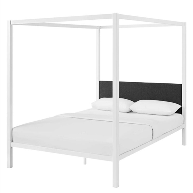 Industrial Canopy Bed Frame with Fabric Upholstered Headboard – Metal Design