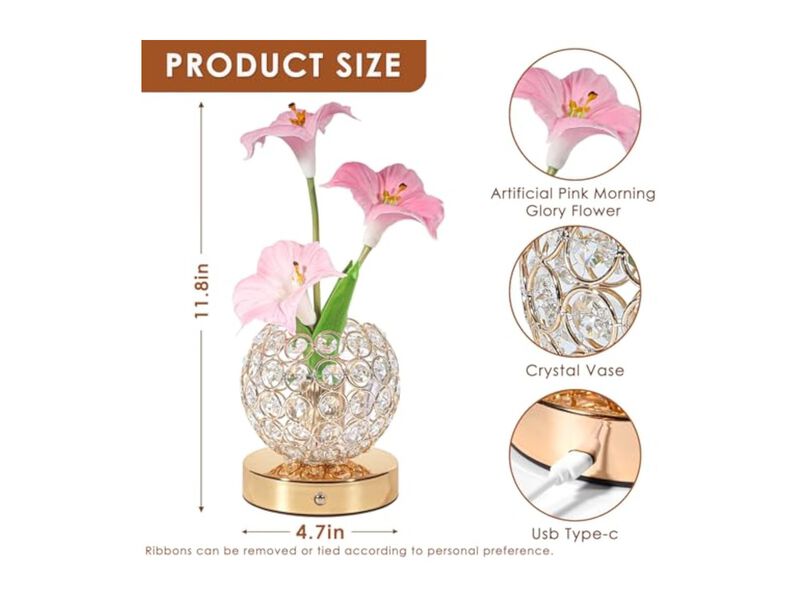 Rechargeable Cordless Crystal Flower Table Lamp For Bedroom Office Pink image number 3