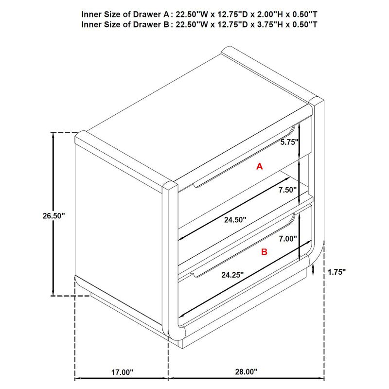 Lina Nightstand with 2 Drawers, LED Light, Dual USB Port, Black Wood image number 7