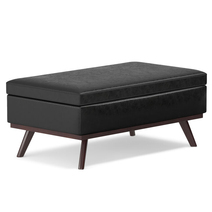 Owen 42 inch Wide Mid Century Modern Rectangle Lift Top Large Coffee Table Storage Ottoman in Distressed Black Vegan Faux Leather, Assembled