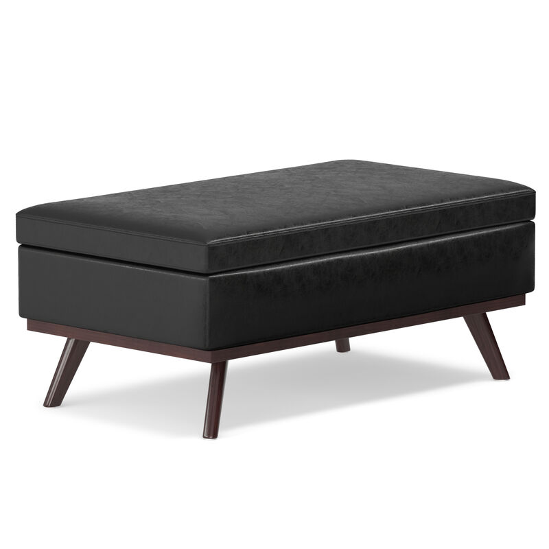 Owen 42 inch Wide Mid Century Modern Rectangle Lift Top Large Coffee Table Storage Ottoman in Distressed Black Vegan Faux Leather, Assembled image number 0