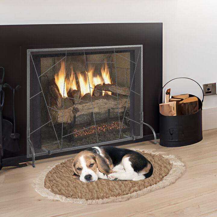 Modern Fireplace Spark Screen with Durable Iron Mesh, Freestanding Hearth Safety Screen-Black