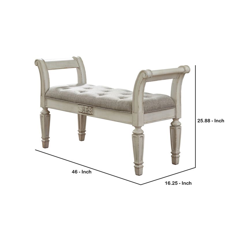 46 Inches Tufted Fabric Padded Wooden Accent Bench, Antique White-Benzara