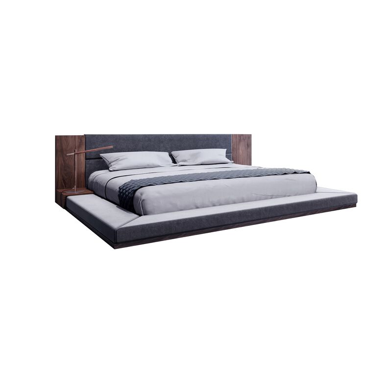 Noe Ruby California King Bed, Shelves, Low Profile, Gray Upholstery Brown - Benzara image number 0