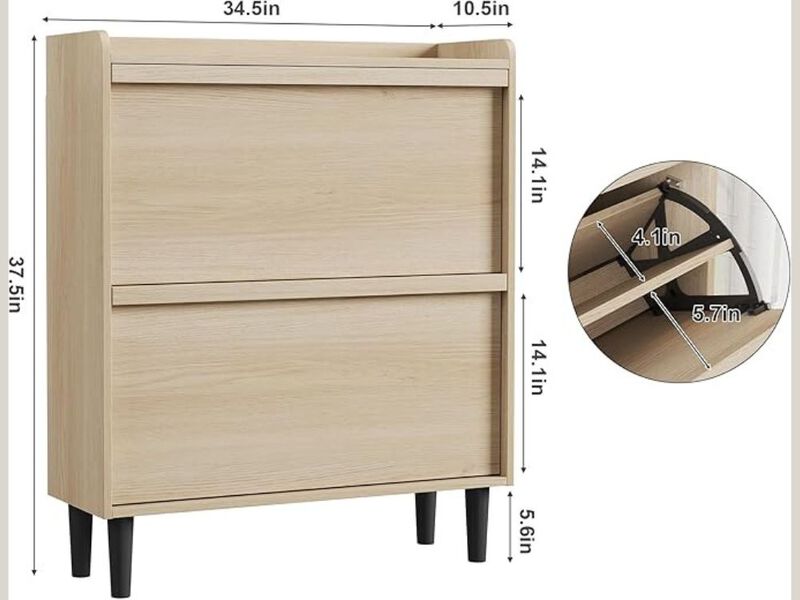 Entryway Wood Shoe Storage Cabinet Flip Drawer Adjustable Shelves Natural Oak image number 2
