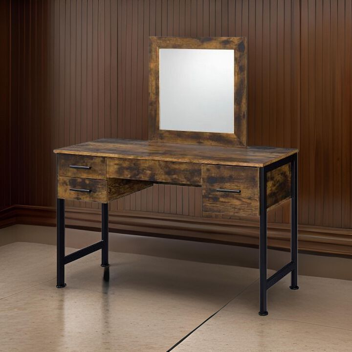 Vanity Desk with 4 Drawers and Square Mirror, Brown and Black