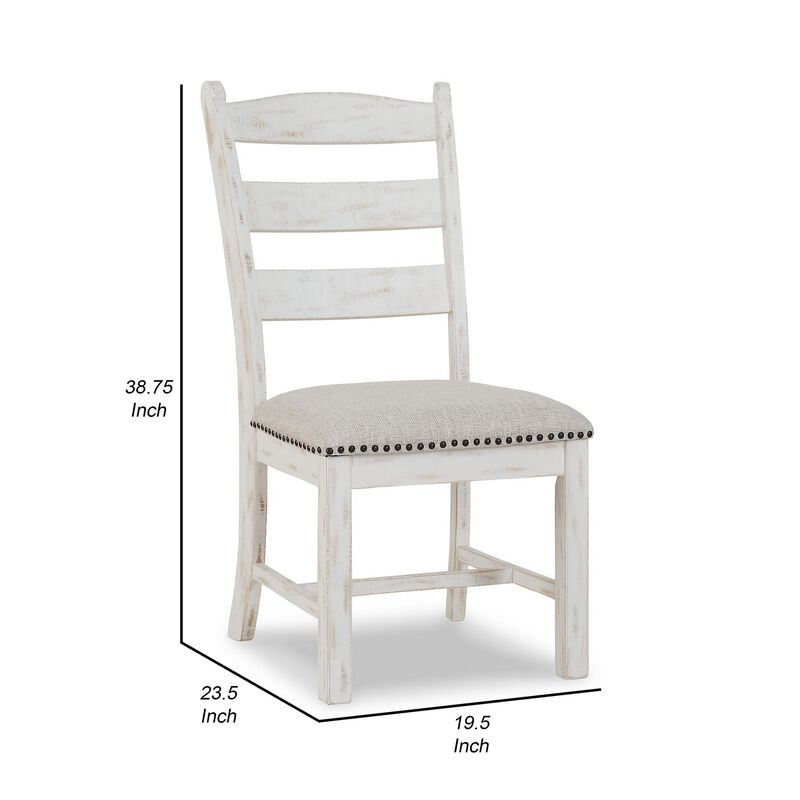 Zane 20 Inch Dining Chair, Set of 2, Beige Polyester Seat, Antique White - Benzara