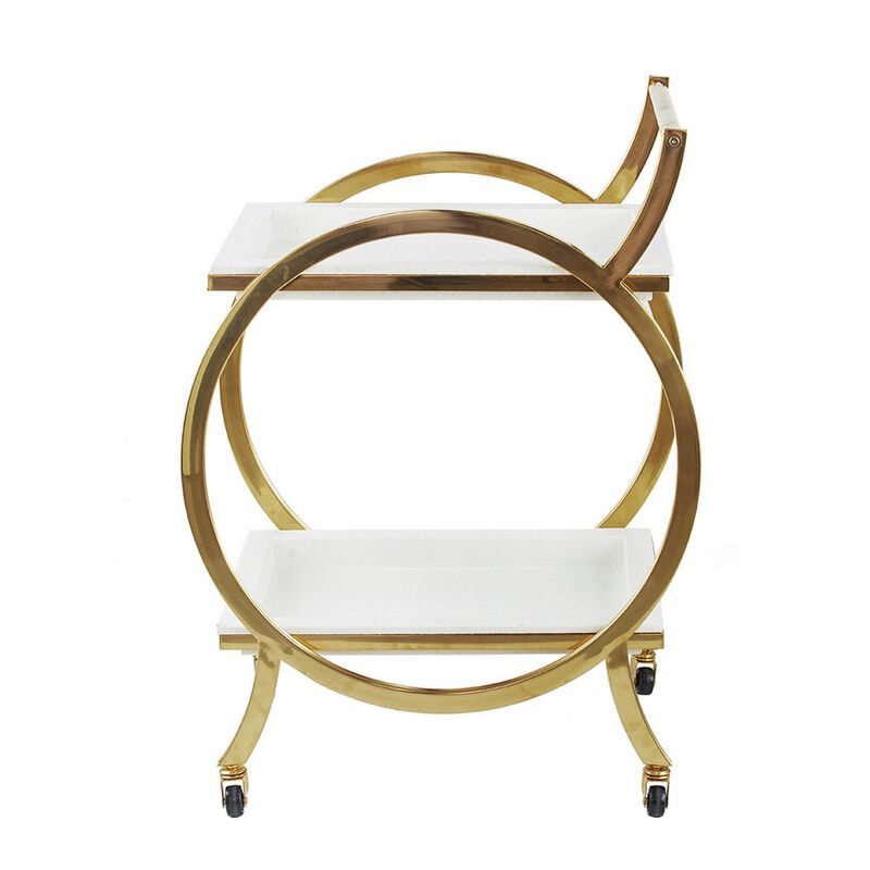 Sia 34 Inch Rolling Bar Cart, Round Steel Frame, Removable Trays White Gold-Benzara image number 3