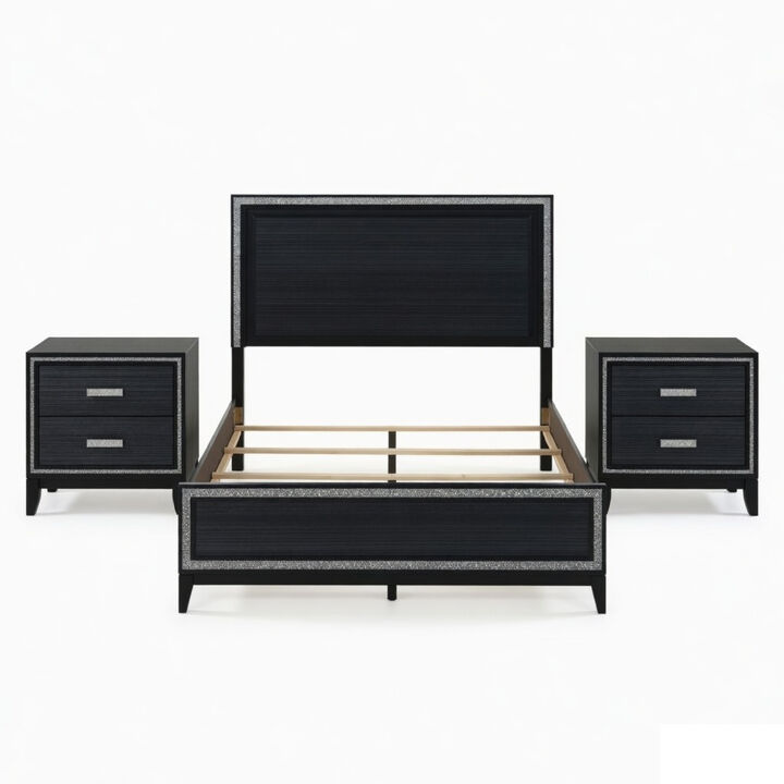 Queen Size Bedroom Set, Black Finish, 3-Piece Set with Bed and Two Nightstands