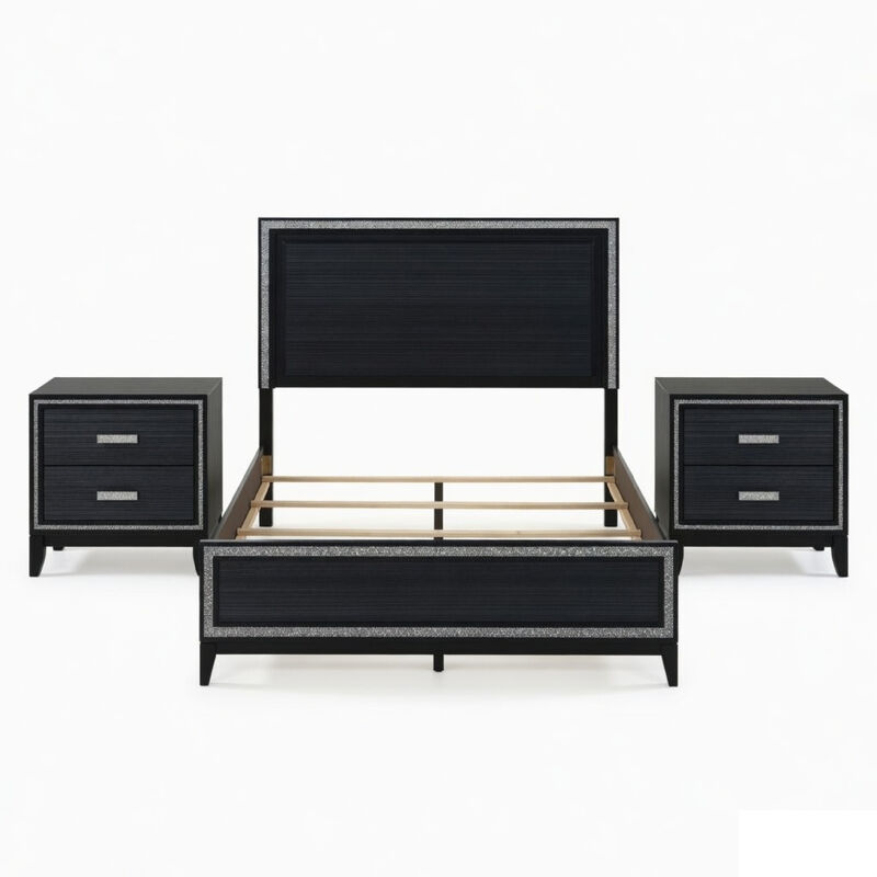 Queen Size Bedroom Set, Black Finish, 3-Piece Set with Bed and Two Nightstands image number 0
