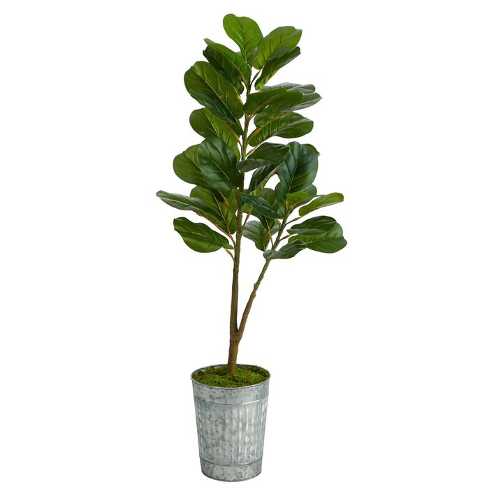 Nearly Natural 4-ft Fiddle Leaf Fig Artificial Tree in Metal Planter