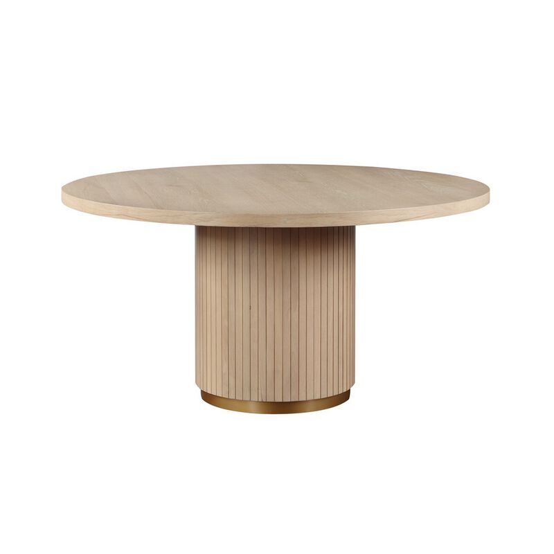 Emi 5 Piece Dining Table and Chairs Set, Round, Pedestal Base, Oak Brown - Benzara