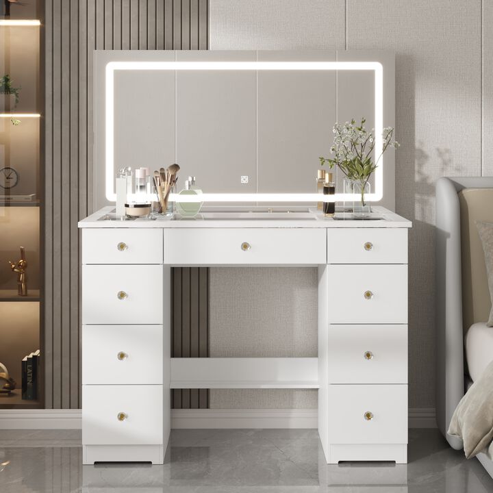 FUFU&GAGA Large Mirror Vanity Dresser with 9 Drawers & LED Lighting, Tempered Glass Top, Open Shelf, and Crystal Knobs, Modern White Finish (43.3 in.  W x 15 in.  D x 55 in.  H),White