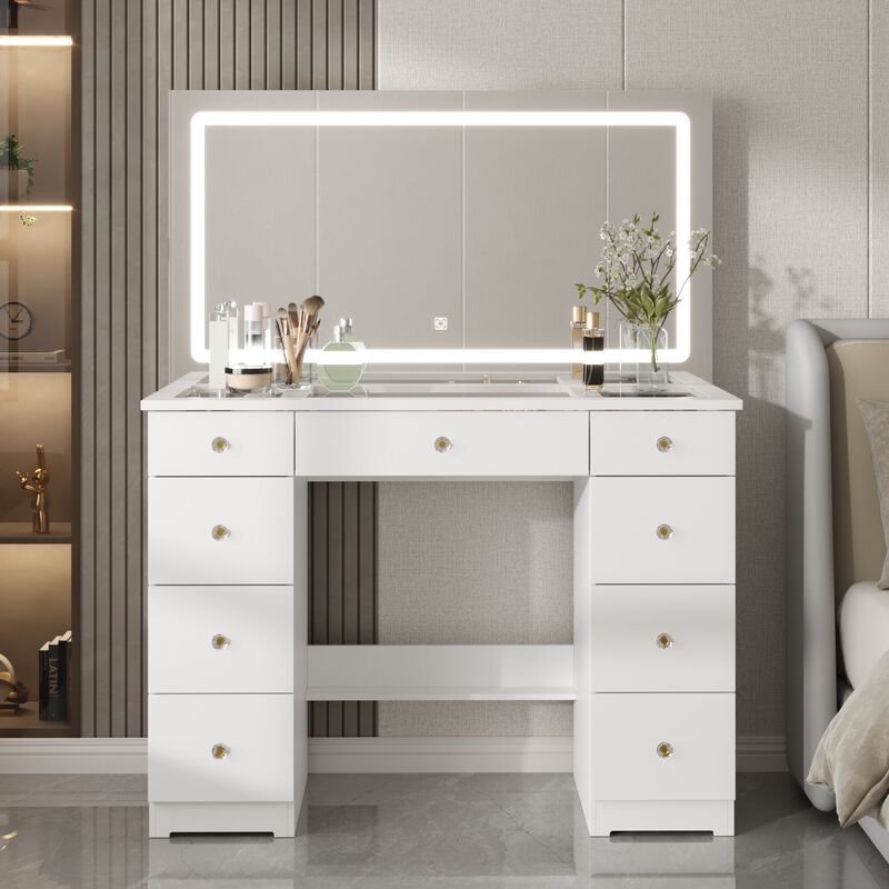 FUFU&GAGA Large Mirror Vanity Dresser with 9 Drawers & LED Lighting, Tempered Glass Top, Open Shelf, and Crystal Knobs, Modern White Finish (43.3 in.  W x 15 in.  D x 55 in.  H),White