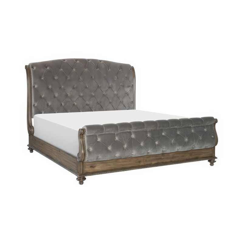 Queen Bedroom Set, Gray, Brown Wood, 5 Piece Set with 2 Nightstands, Dresser, and Chest image number 2