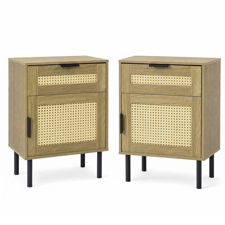 Set of 2 Rattan Nightstands with Drawer and Cabinet for Bedroom and Dorm