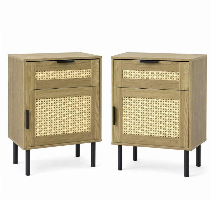 Set of 2 Rattan Nightstands with Drawer and Cabinet for Bedroom and Dorm image number 0