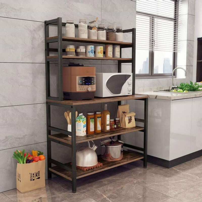 Industrial Modern Kitchen Bakers Rack Woodgrain Sturdy Metal Frame