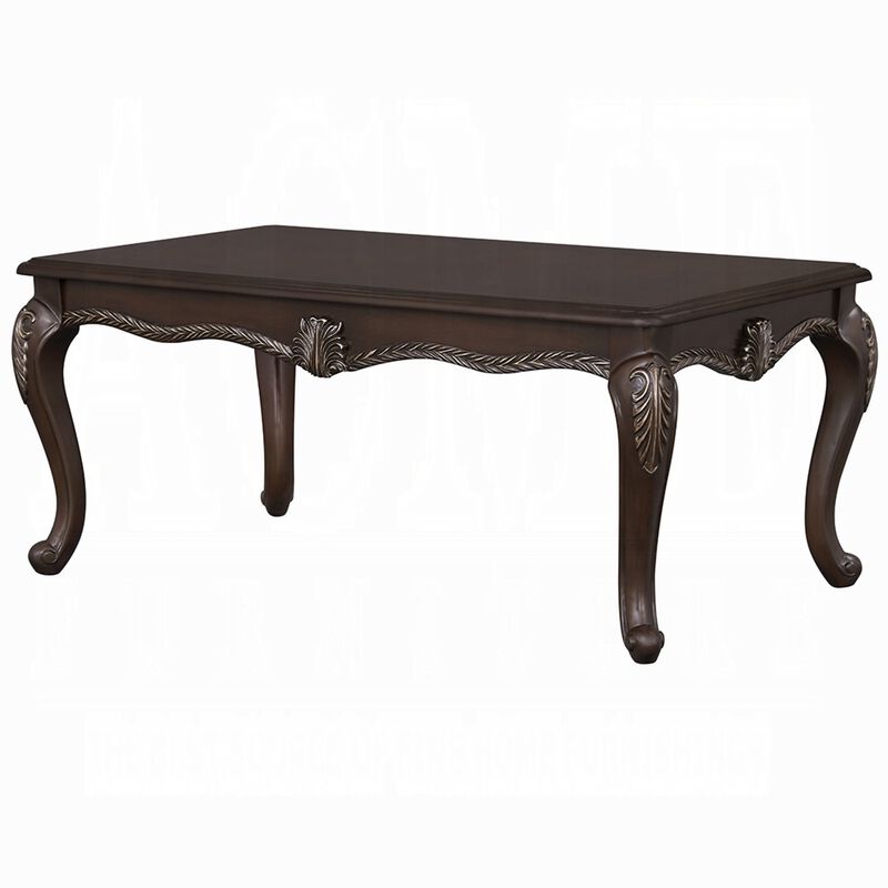 Reese Coffee Table, European Carved Classic Cherry Brown Wood, 48 Inch