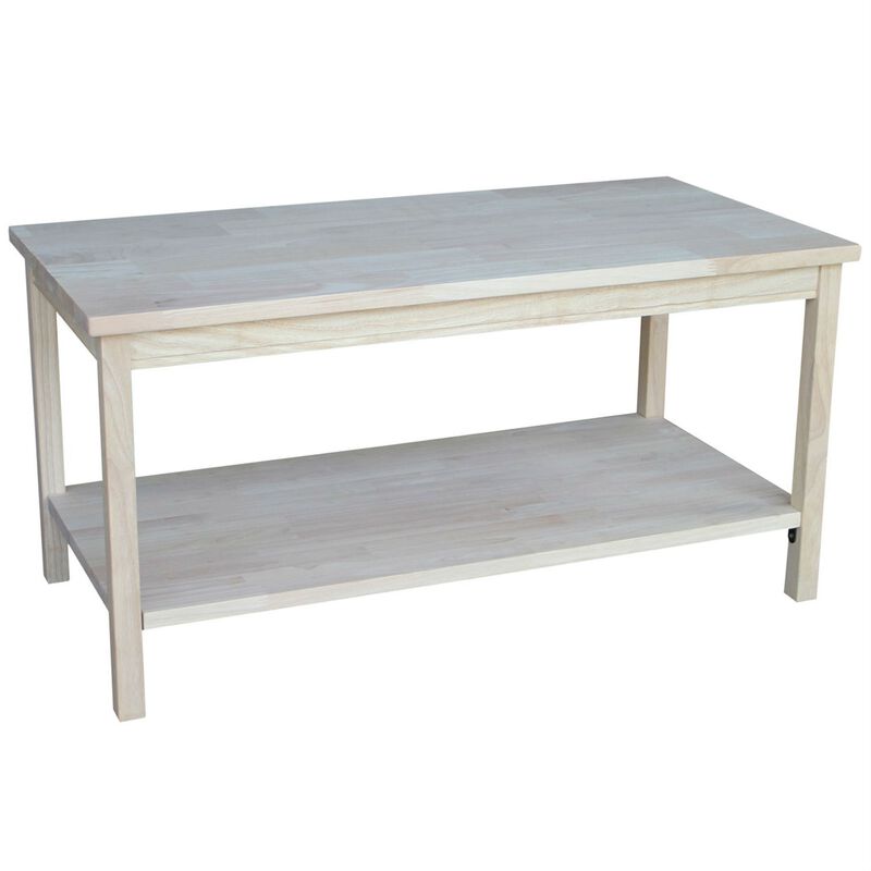 Rectangular Unfinished Solid Wood Coffee Table with Spacious Bottom Shelf