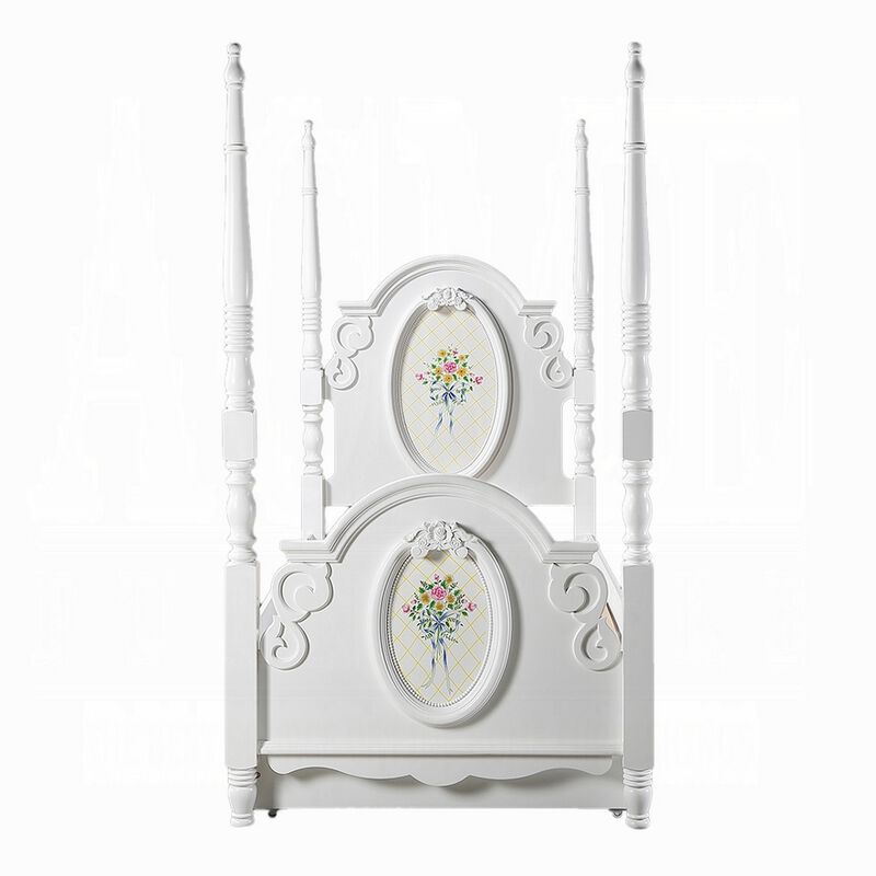 Auri Twin 4 Poster Princess Bed, Classic Arched Headboard, White Wood - Benzara
