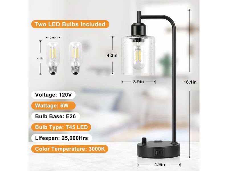Industrial Table Lamp Set of 2 Black Dimmable Bedside Lamps with USB Ports image number 2
