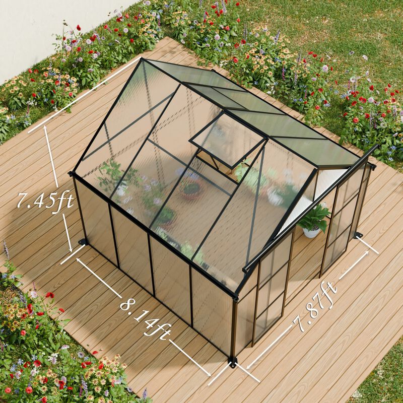 8x8 FT Double Door Polycarbonate Greenhouse Raised Bas&Anchor Aluminum Heavy Duty Walk-in Greenhouse image number 7