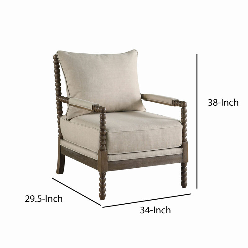 Cushioned Back Fabric Upholstered Spindle Accent Chair, Beige and Brown-Benzara