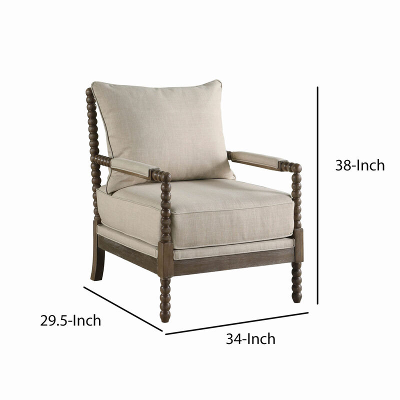 Cushioned Back Fabric Upholstered Spindle Accent Chair, Beige and Brown image number 5