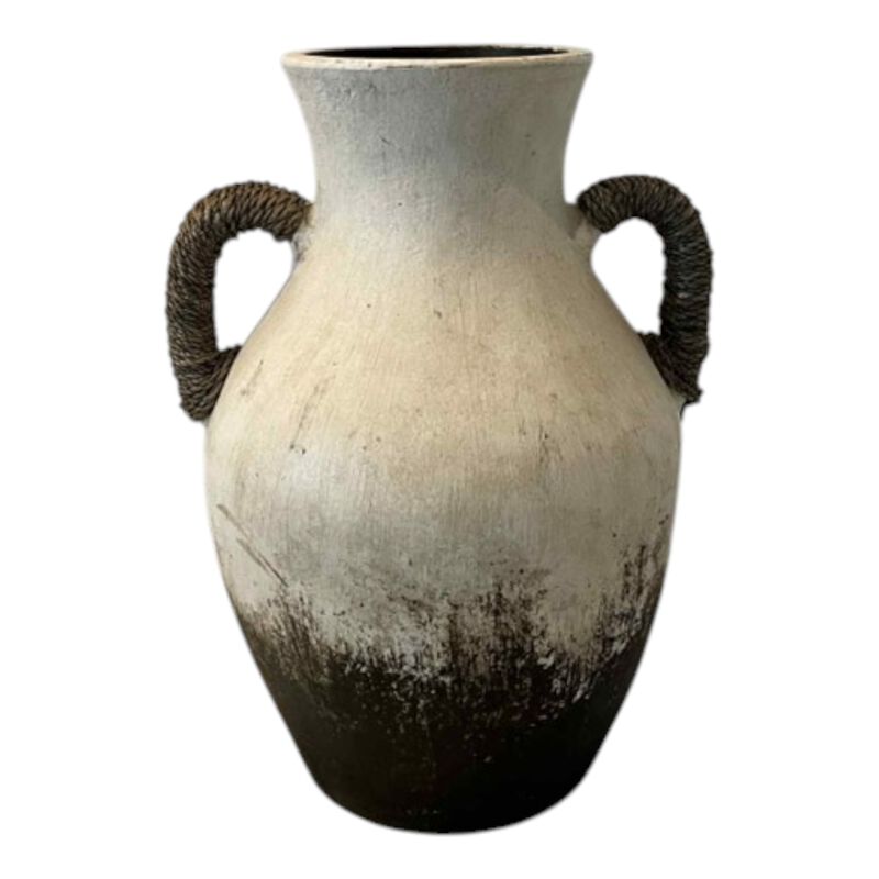 15x10" Clay Vase With Rope Handles, White/brown image number 2