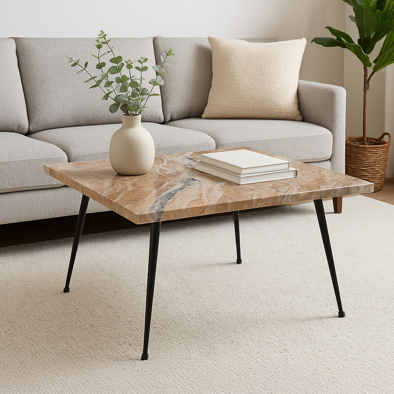 Taro Coffee Table | 24 Inch Square Taupe Brown Real Marble Top | Black Metal Legs