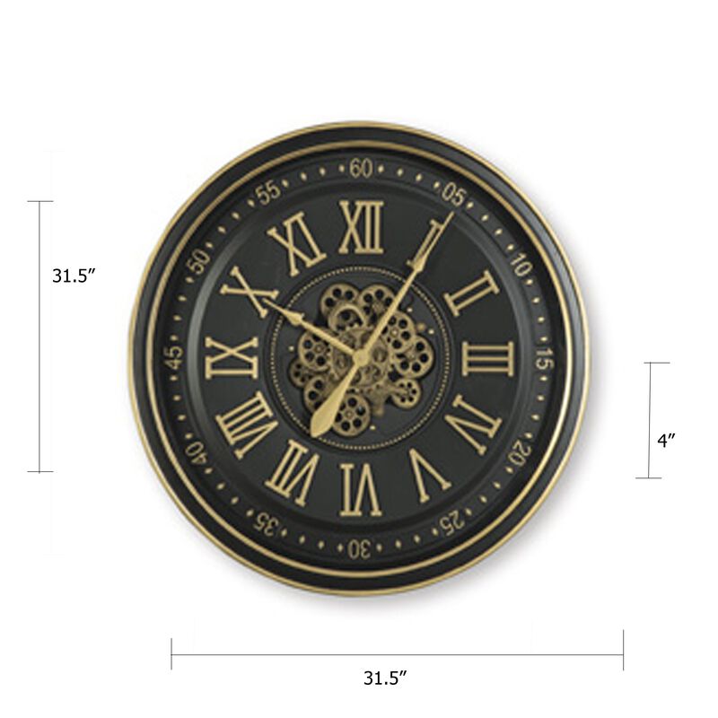 Wall Clock with Gears, Gold Roman Numerals, 32 Inch Round Black Metal image number 5