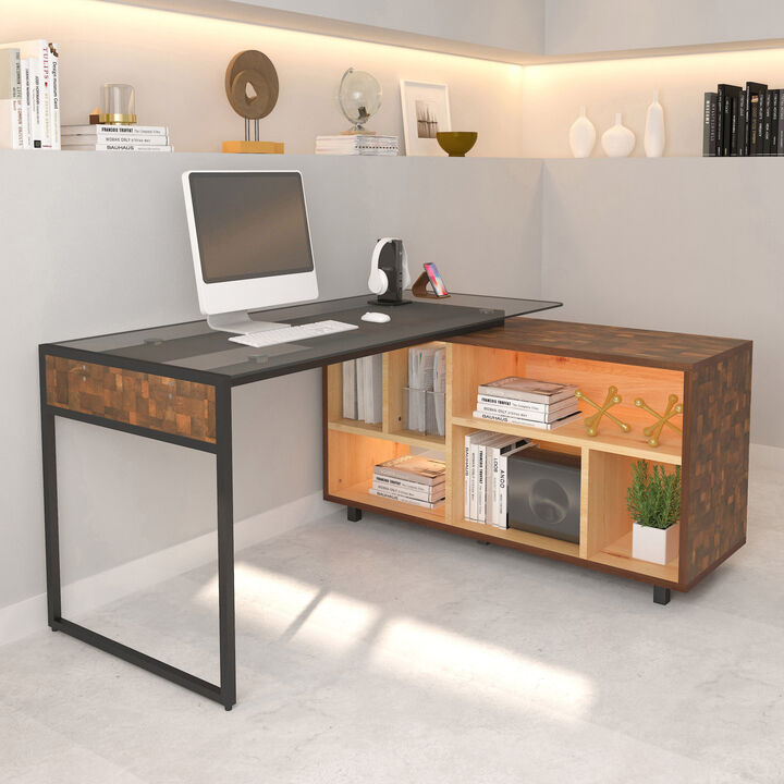 L-SHAPED Corner Desk with Multiple Storage, Oak