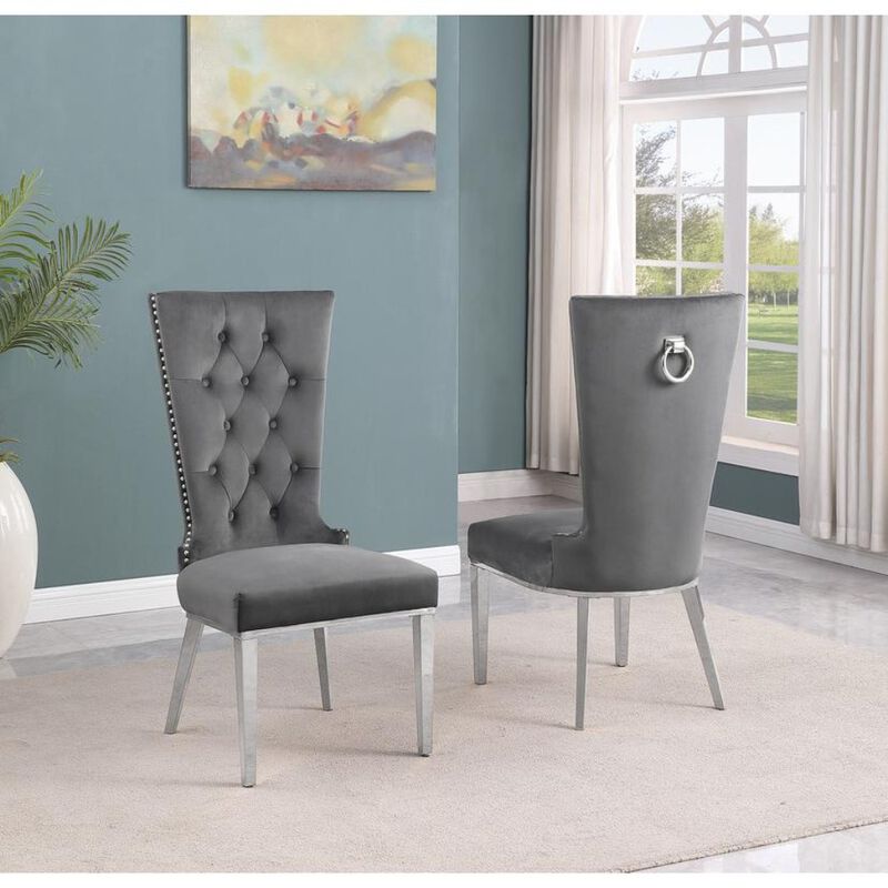 Best Quality Furniture Dark Gray Velvet Side Chair With Silver Stainless Steel Base (Set Of 2)