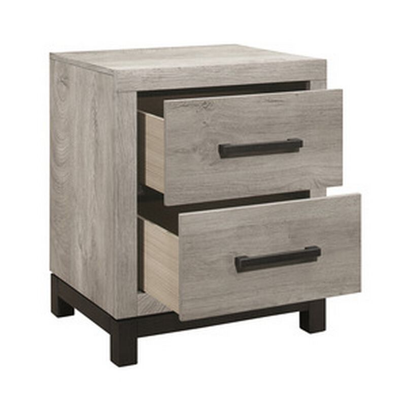 Deena 25 Inch Classic 2 Drawer Nightstand, Metal Handles, Wood Grain Gray - Benzara